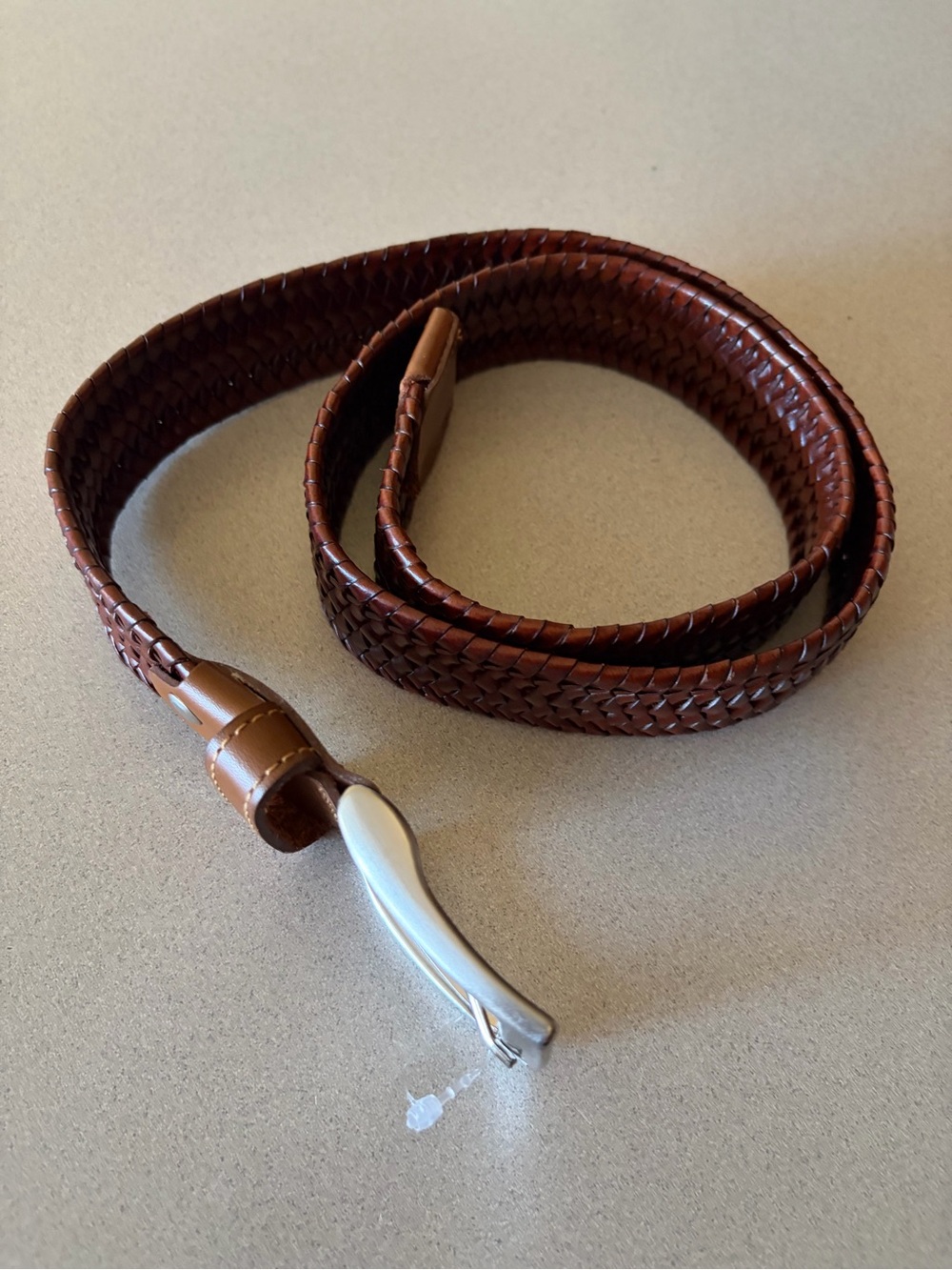 Men's Woven Leather Belt in Brown with Silver-Tone Buckle